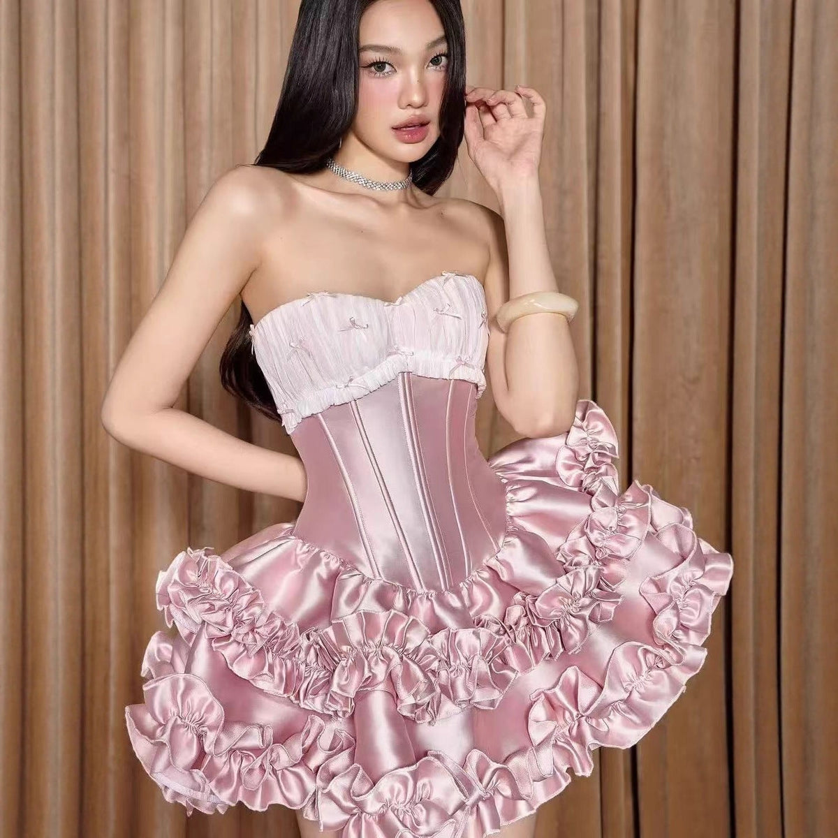 Sweet Strapless Birthday Dress with Bow & Built-in Safety Shorts, Girly Puff Skirt