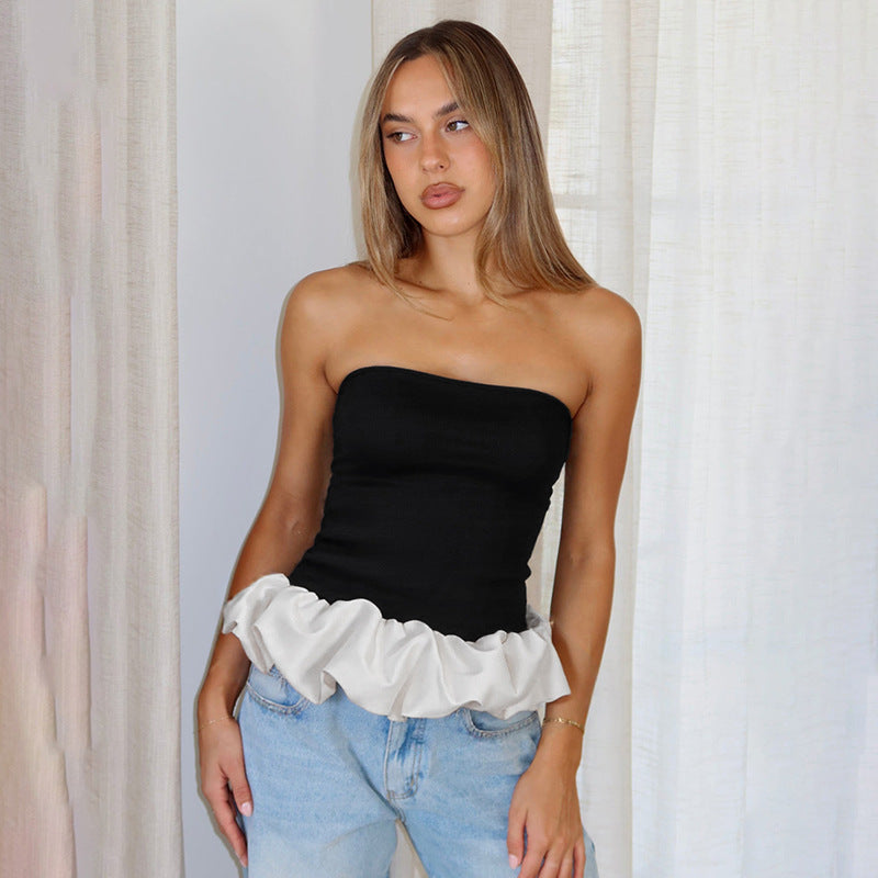 Color Block Bandeau Slim Patchwork Ruffle Top