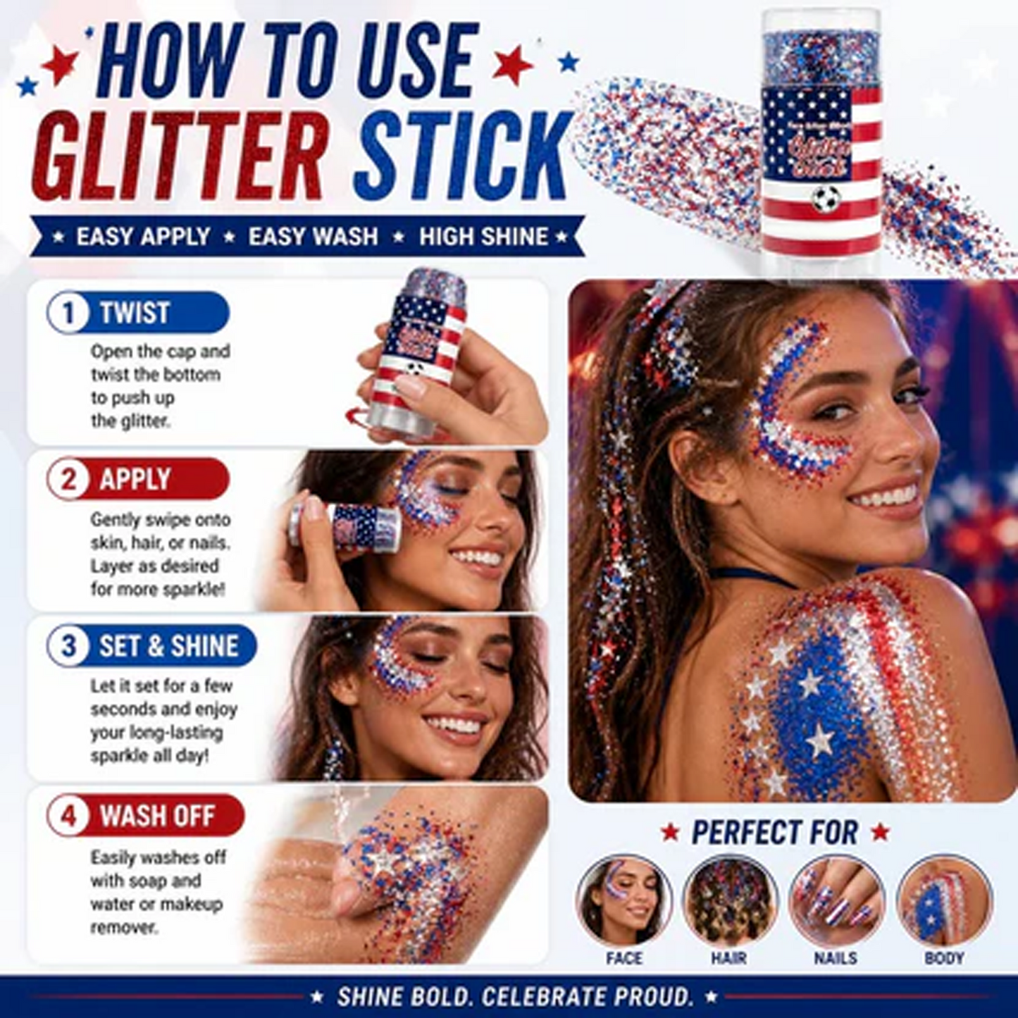 🦅Festive Glitter Stick✨🔔Red, White & Blue Body & Hair Sparkle