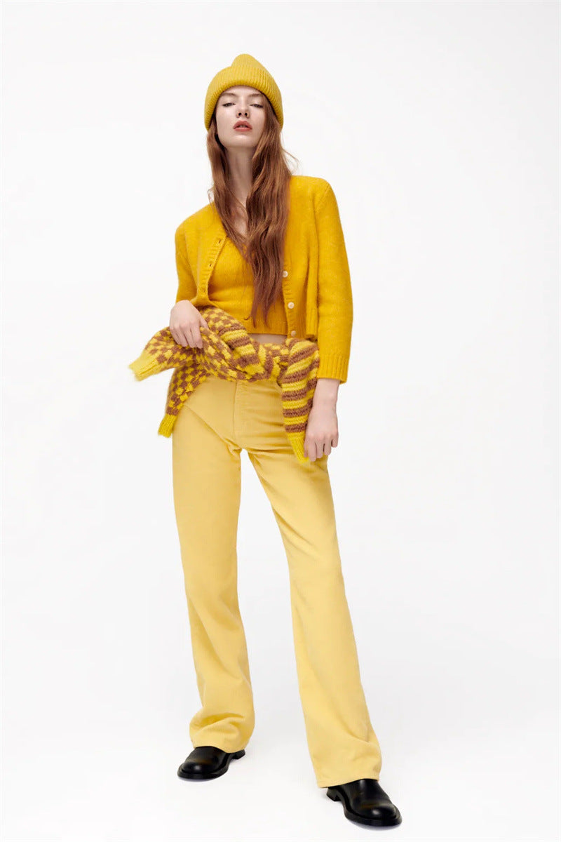 High Waist Corduroy Wide Leg Floor Length Pants