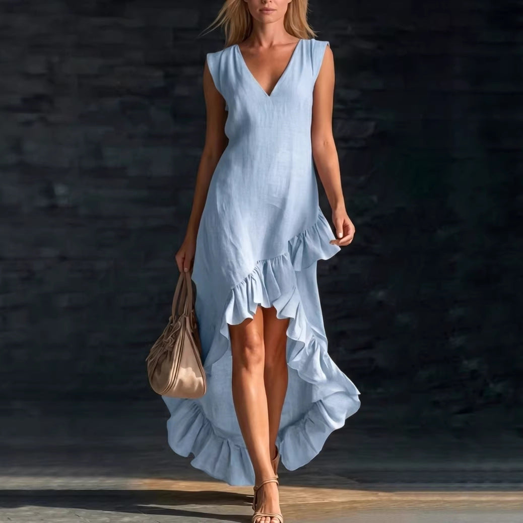 Sleeveless V-Neck High-Low Ruffle Maxi Dress