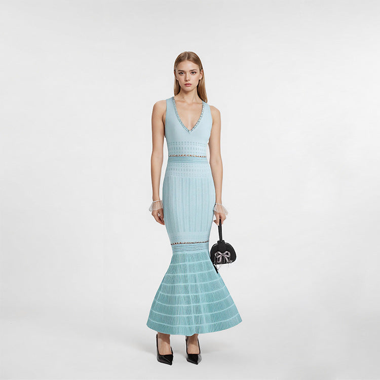 V-neck Sleeveless Beaded Mid-length Knitted Fishtail Dress