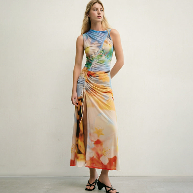 Abstract Print Ruched Drawstring Sleeveless Maxi Dress