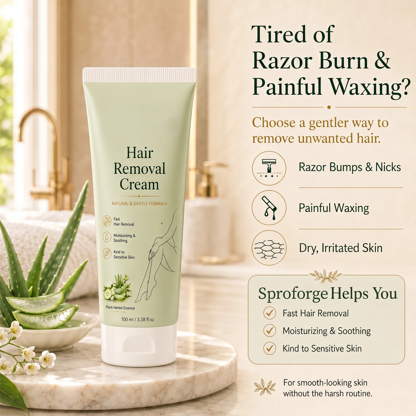 Sproforge ™ Natural Gentle Hair Removal Cream | For Women & Men, Sensitive Skin