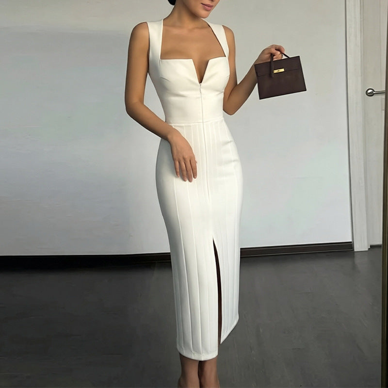 Solid-color Slit Sheath Dress