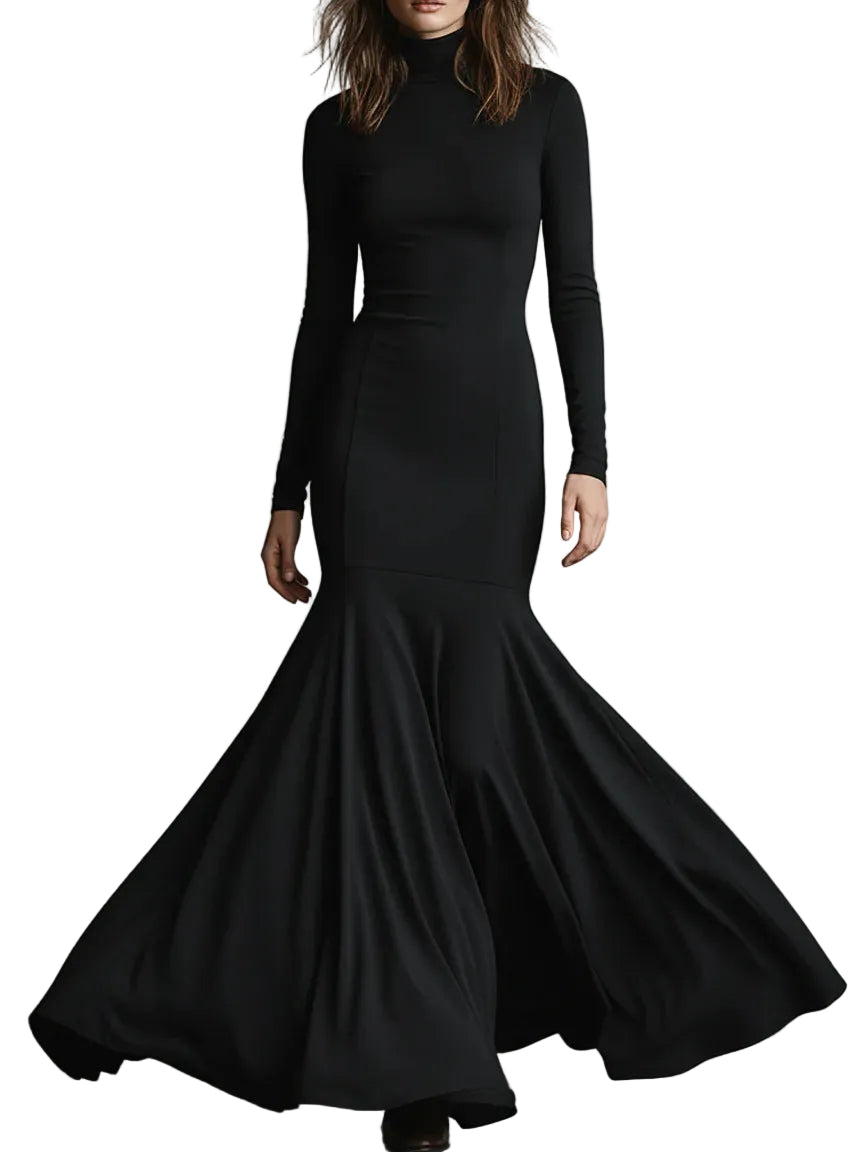 Long-Sleeve Mock-Neck Mermaid Maxi Dress