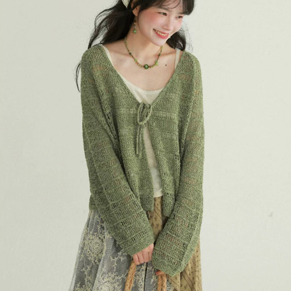 Hollow-out V-neck Lace-up Knit Cardigan For Women