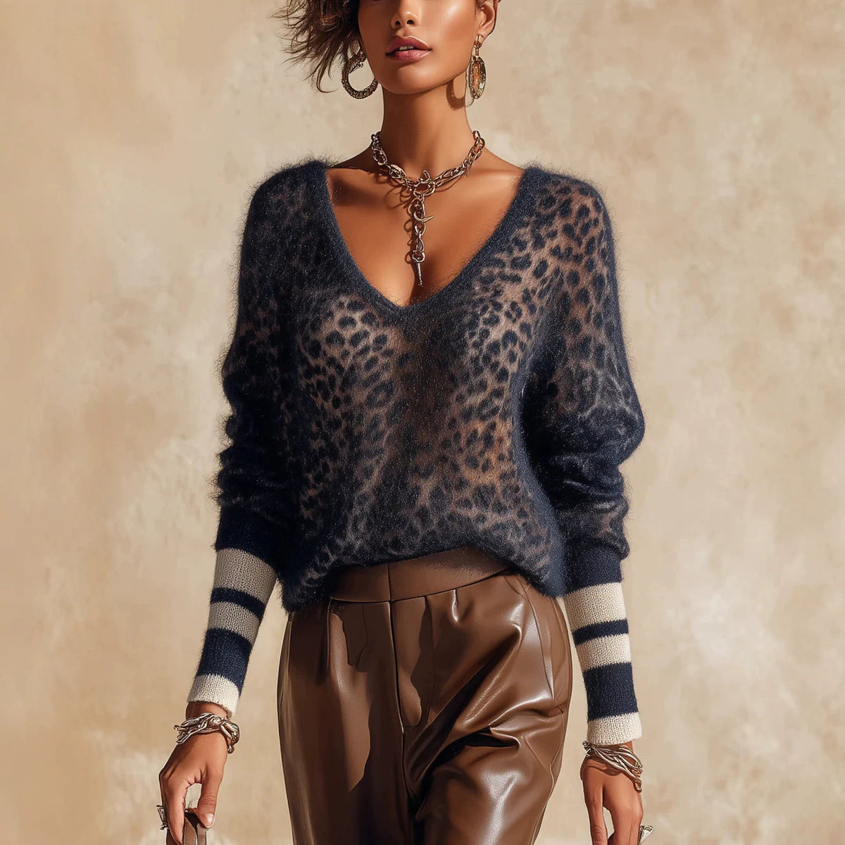 Leopard Print Fuzzy V-Neck Knit Sweater