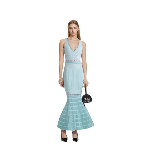 V-neck Sleeveless Beaded Mid-length Knitted Fishtail Dress