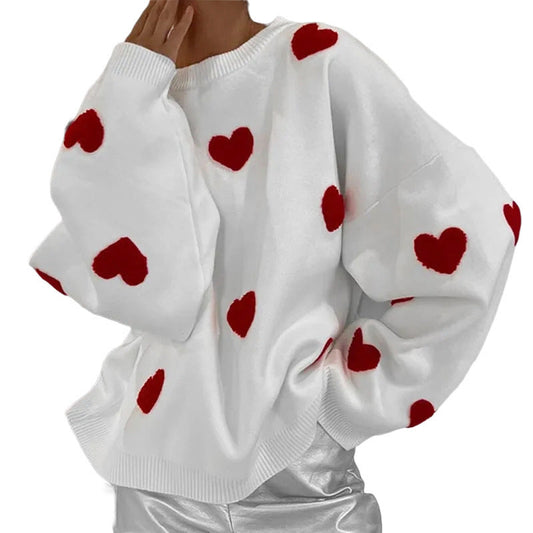 White Heart Print Crew-Neck Knit Sweater