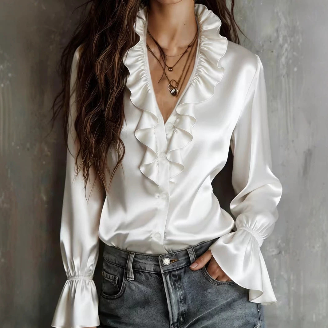 Satin Ruffle-Front Flared-Sleeve Blouse
