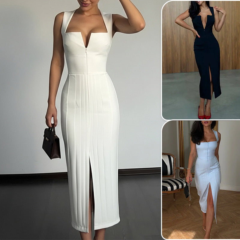 Solid-color Slit Sheath Dress