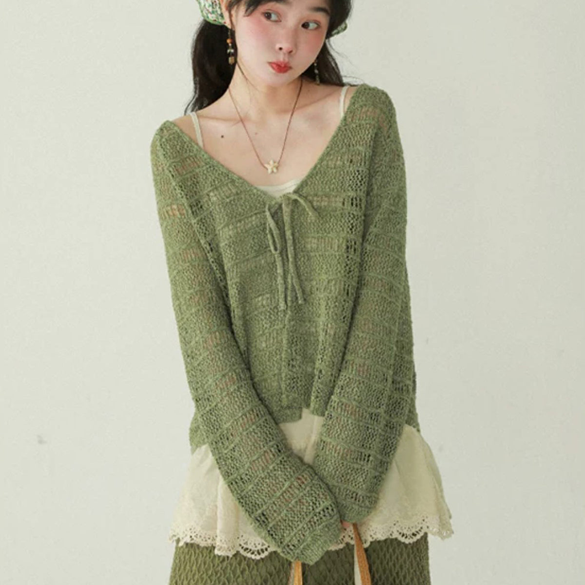 Hollow-out V-neck Lace-up Knit Cardigan For Women
