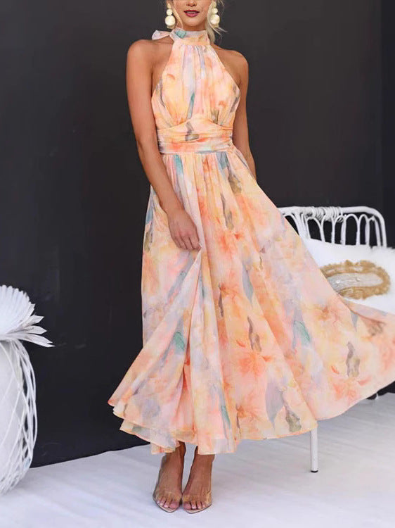 Pastel Abstract Print Halter-Neck Midi Dress