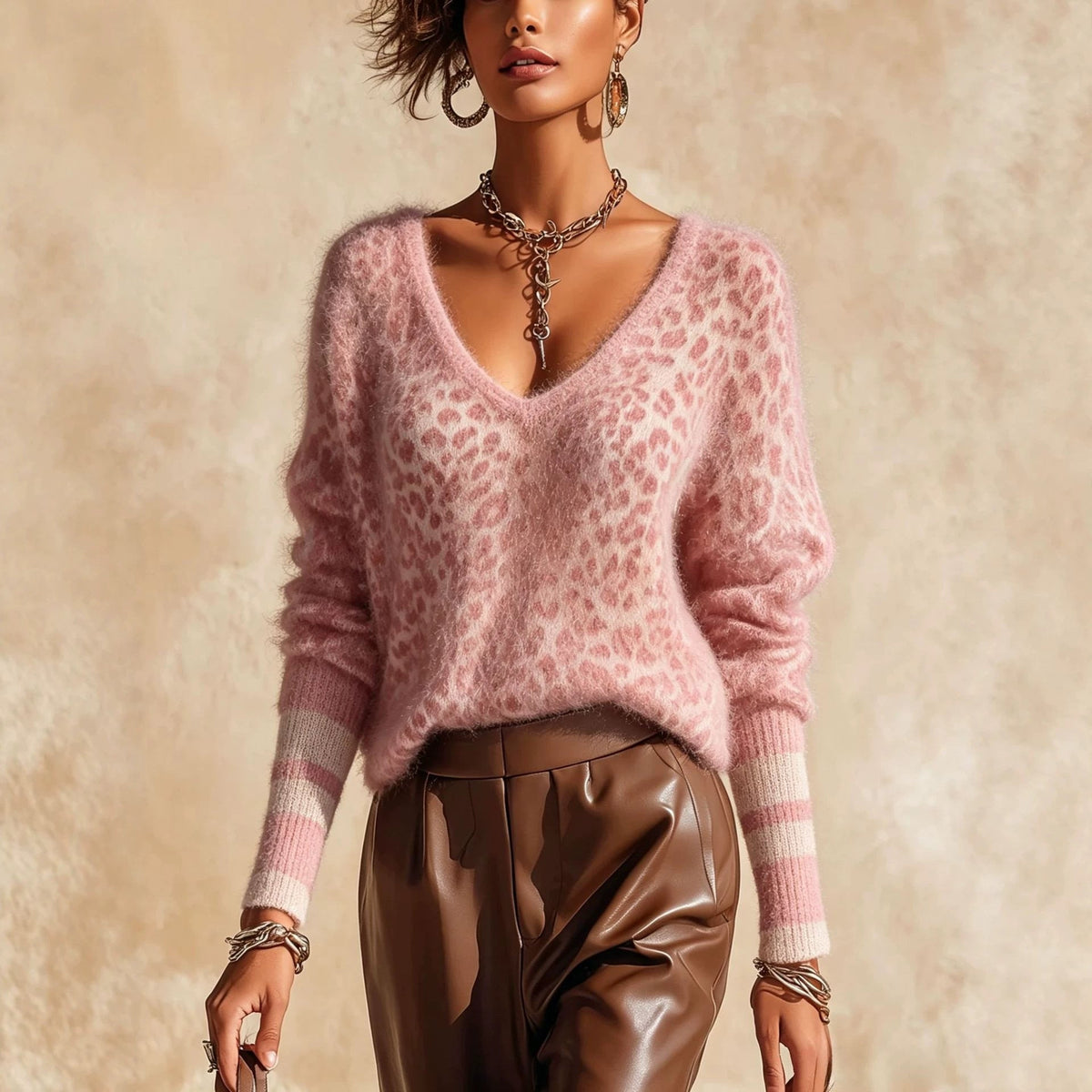 Leopard Print Fuzzy V-Neck Knit Sweater