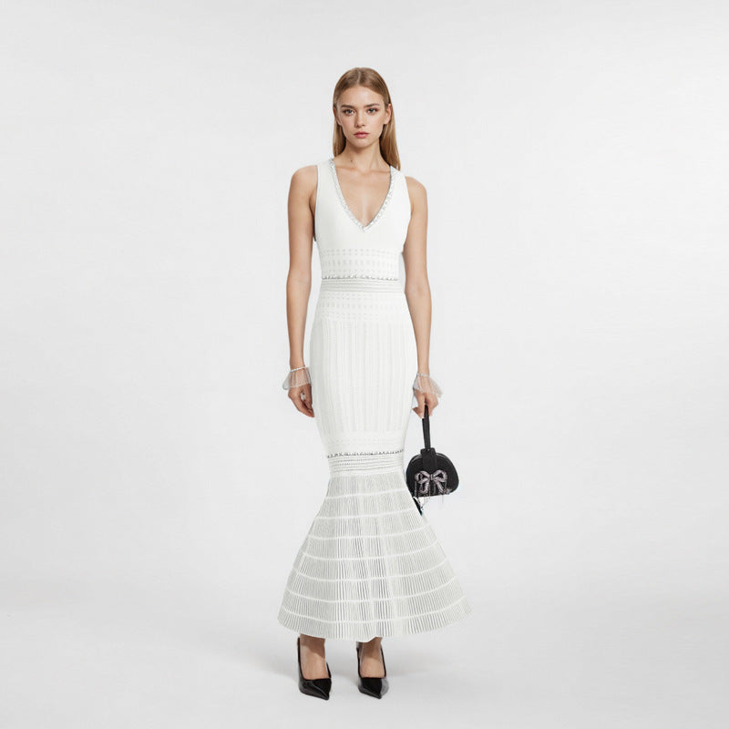 V-neck Sleeveless Beaded Mid-length Knitted Fishtail Dress