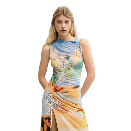 Abstract Print Ruched Drawstring Sleeveless Maxi Dress