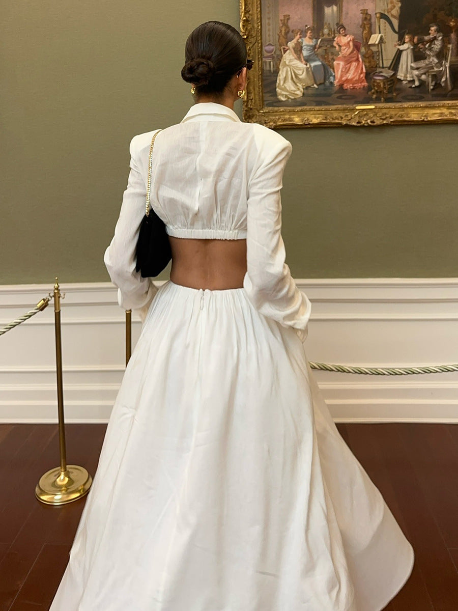 White Cutout Shirt Collar Two-Piece Set - Long Sleeve Crop Top & High-Waisted Maxi Skirt