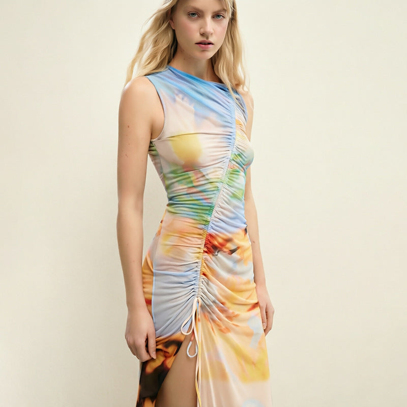 Abstract Print Ruched Drawstring Sleeveless Maxi Dress