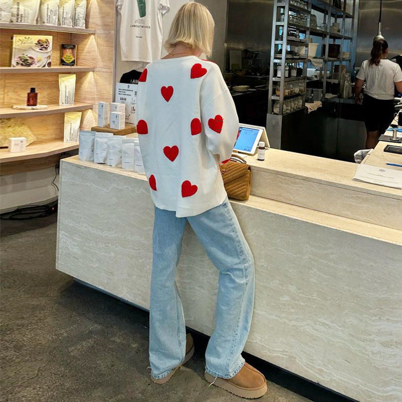 White Heart Print Crew-Neck Knit Sweater