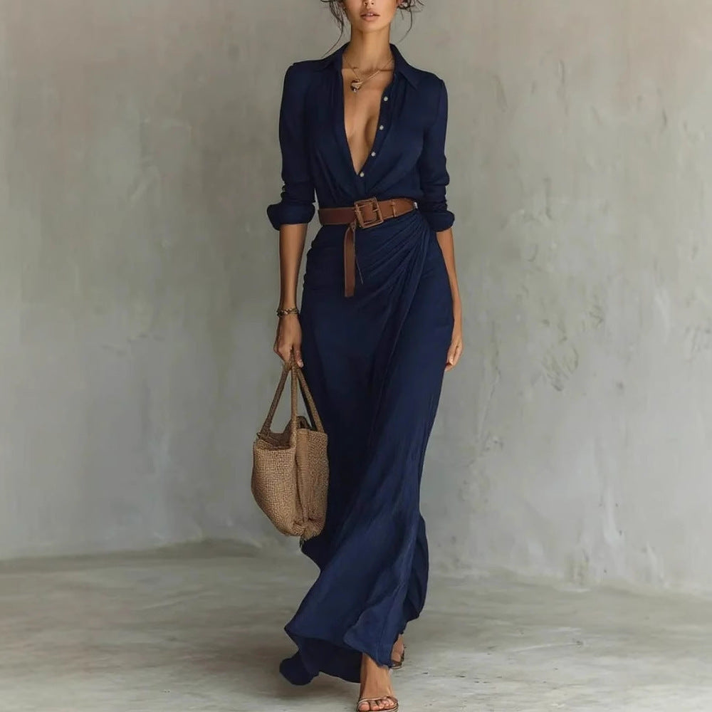 Deep V Shirt-Collar Ruched Maxi Dress