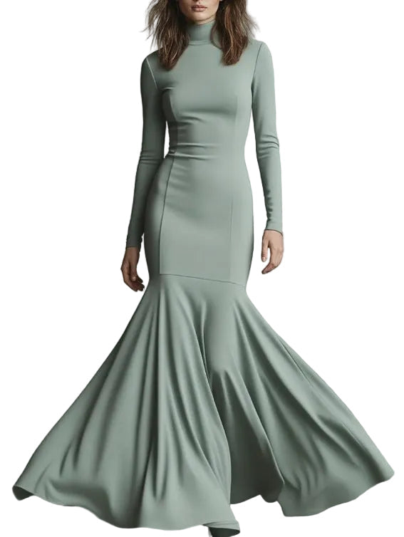 Long-Sleeve Mock-Neck Mermaid Maxi Dress