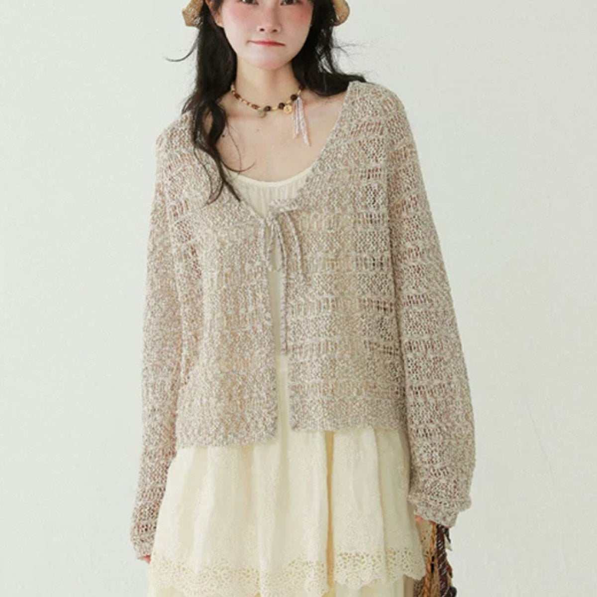Hollow-out V-neck Lace-up Knit Cardigan For Women