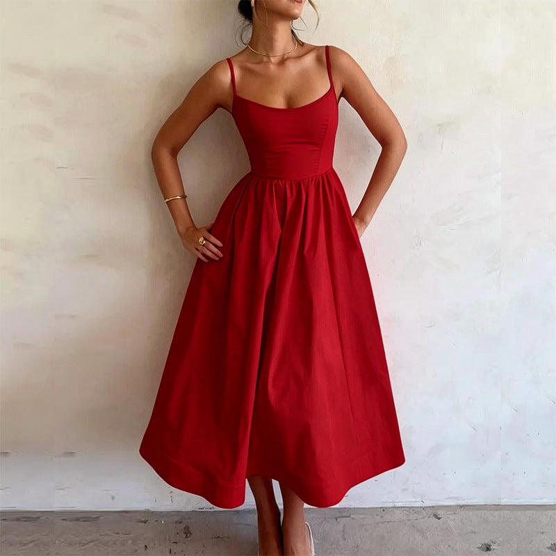 Square-Neck Spaghetti-Strap A-Line Midi Dress