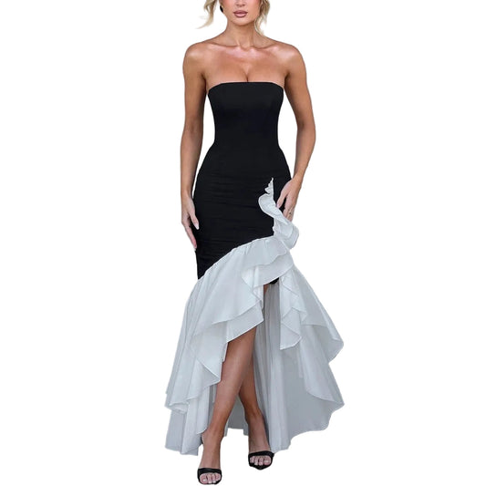 Strapless High-Low Ruffle Mermaid Evening Dress