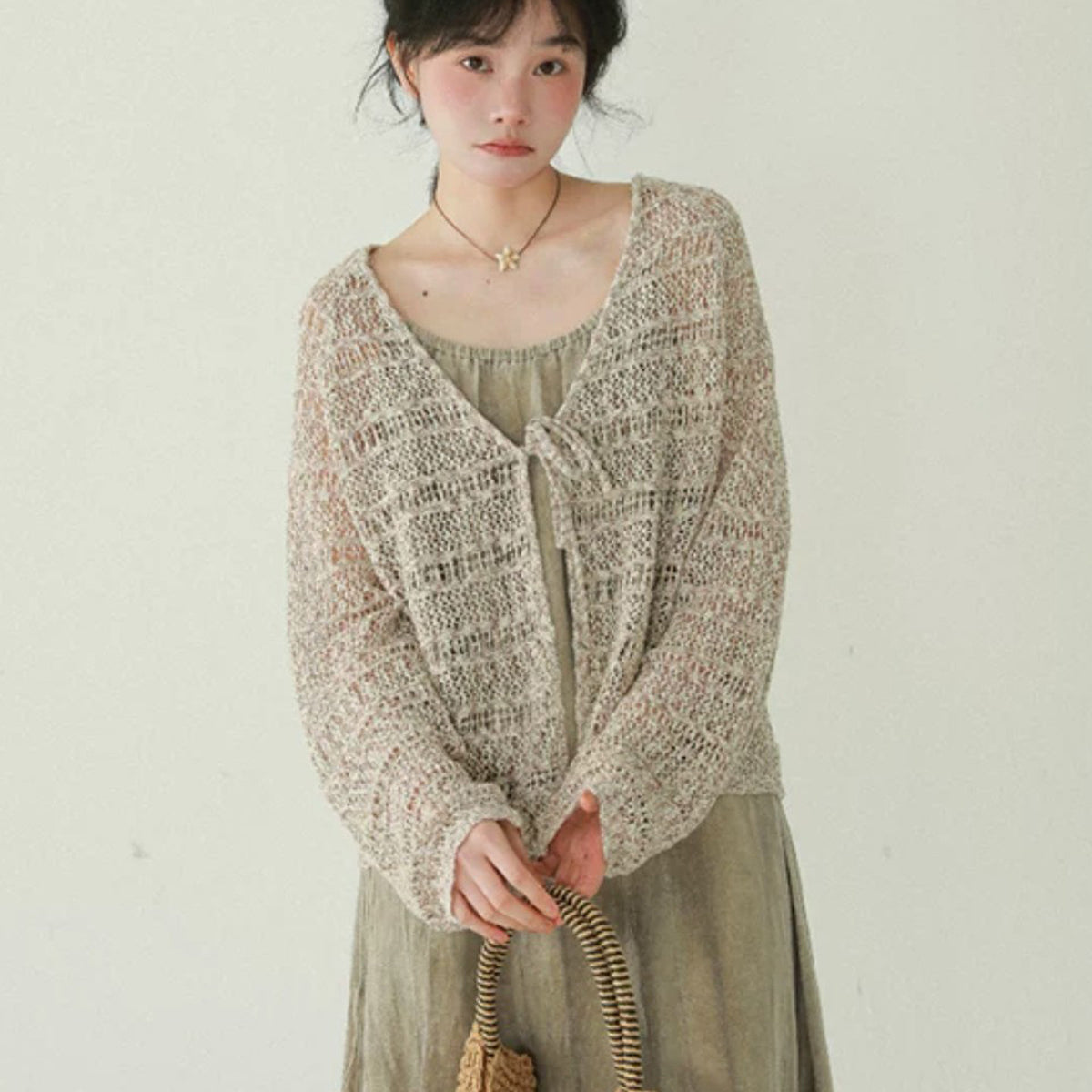 Hollow-out V-neck Lace-up Knit Cardigan For Women