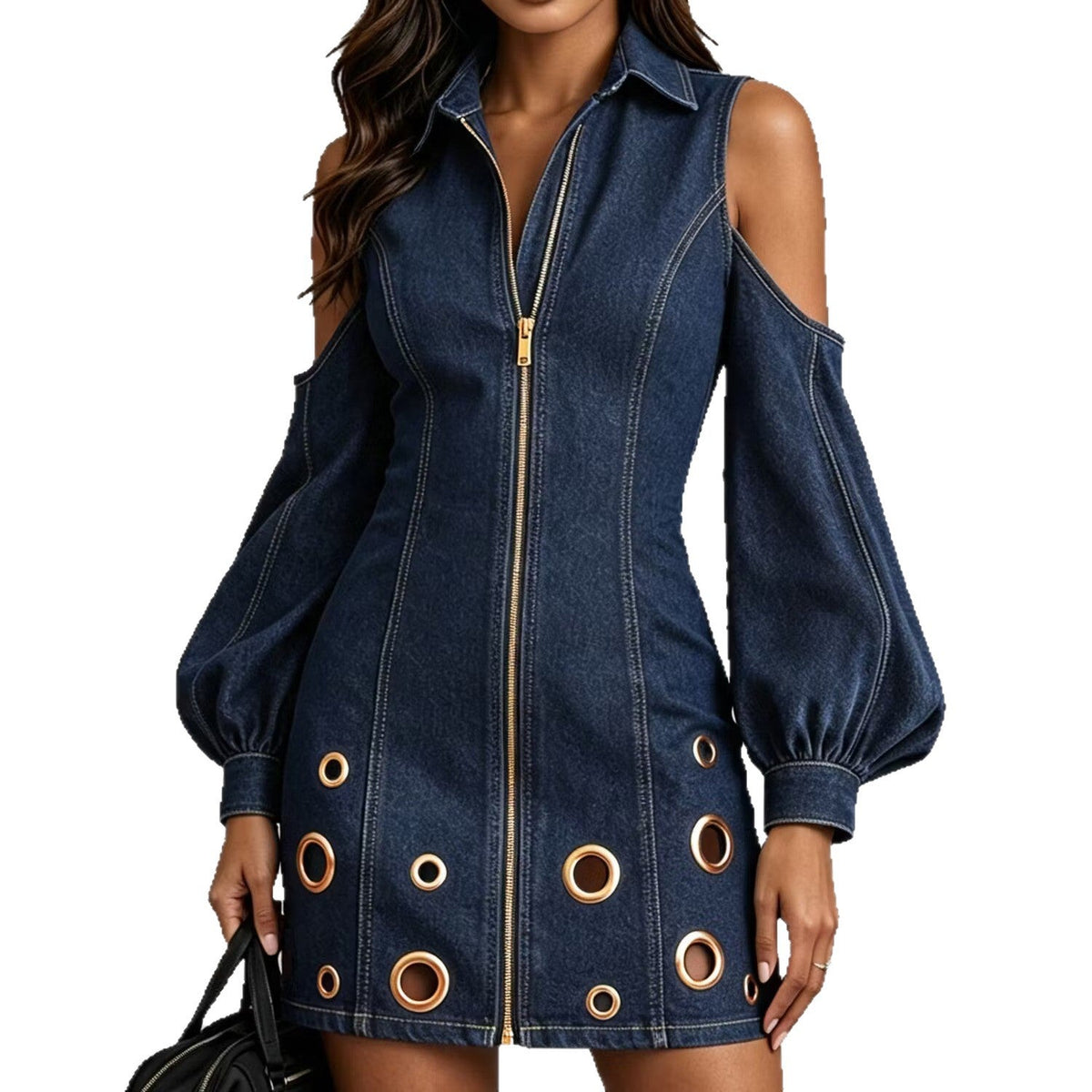 Blue Off-Shoulder Grommet-Detail Zip-Front Dress