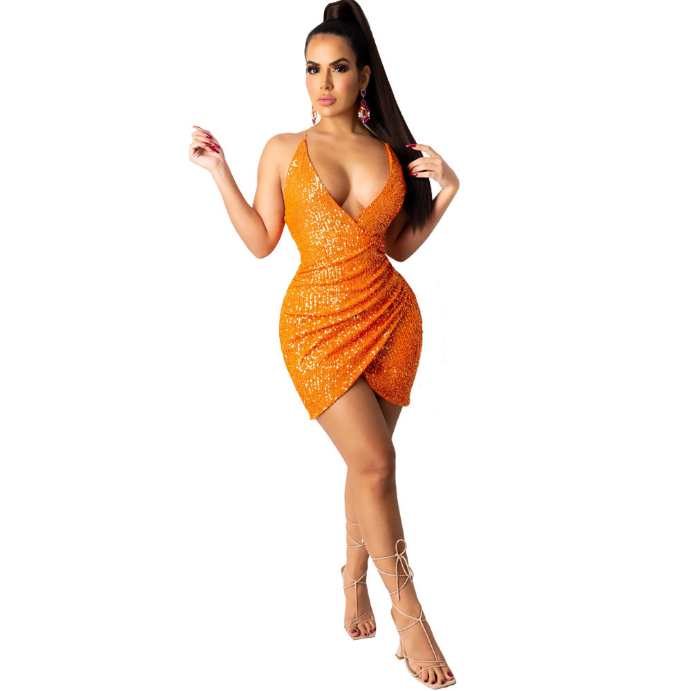 Sling deep V sequin wrapped hip pleated dress