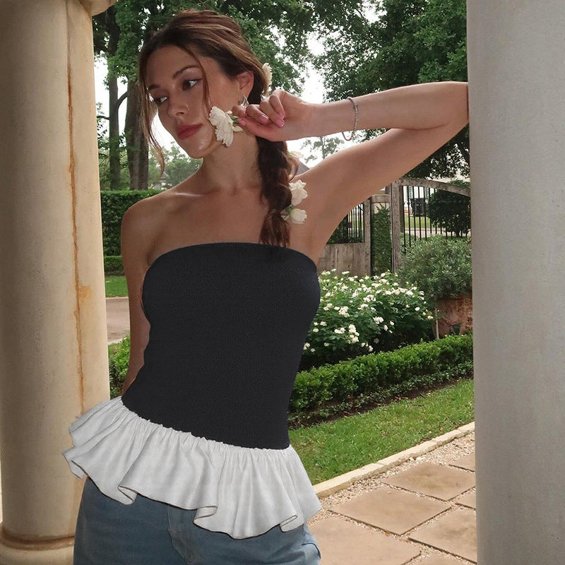Color Block Bandeau Slim Patchwork Ruffle Top