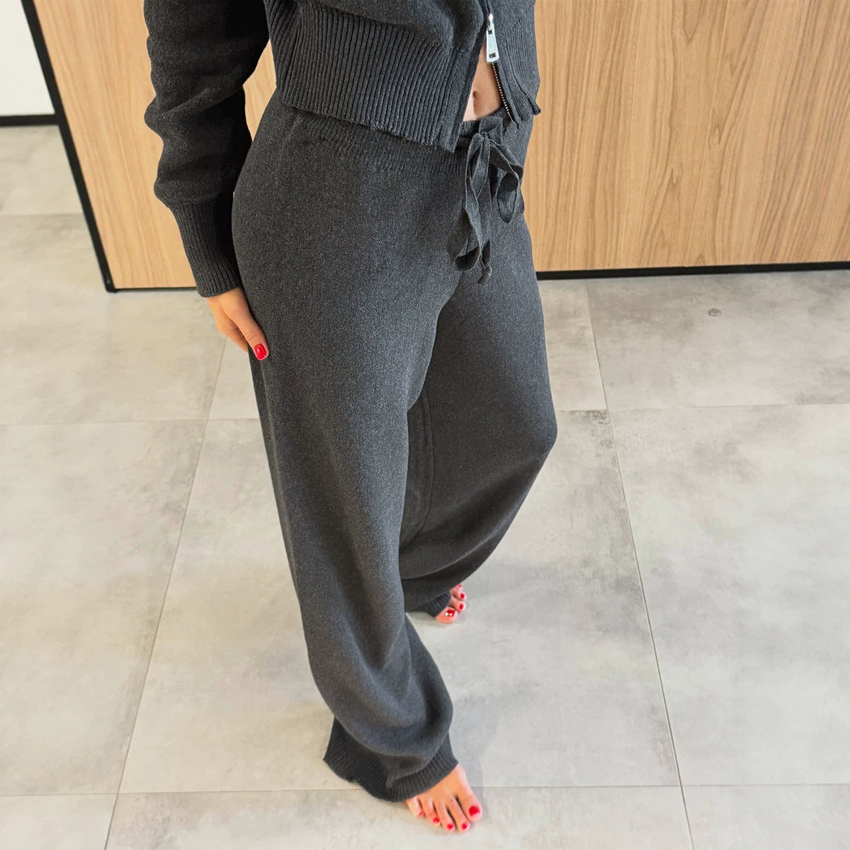 Zip-up Sweater Cardigan And Drawstring Knit Pants Set