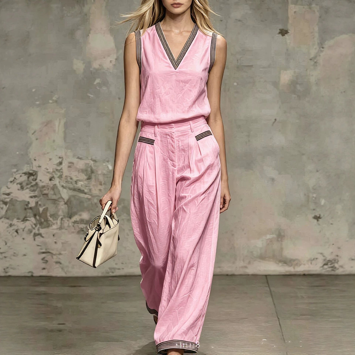 V-neck Vest Linen Sleeveless Top Wide-leg Pants