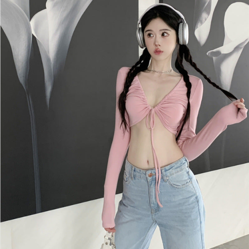 Ruched Tie-Front Long Sleeve Crop Top