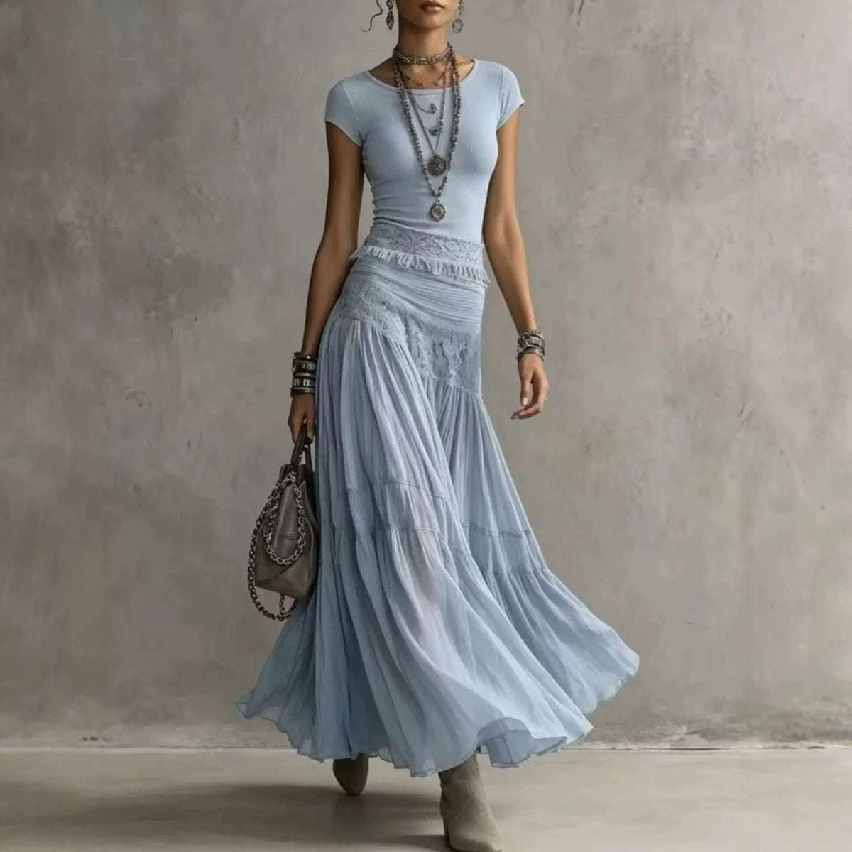 Knit Top & Chiffon Maxi Skirt Two Piece Set