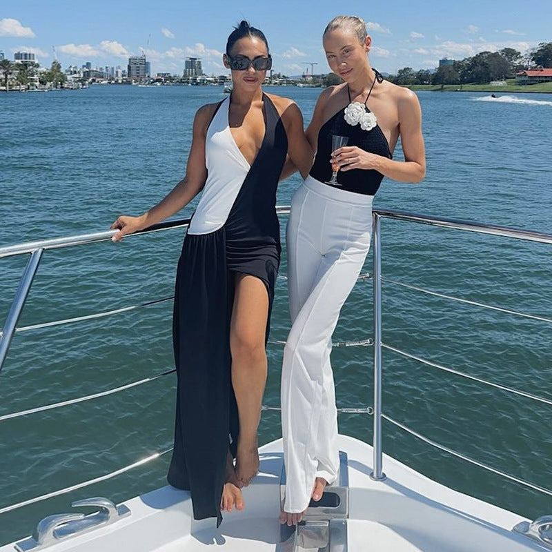 Black & White Color Block Slit Mesh Dress