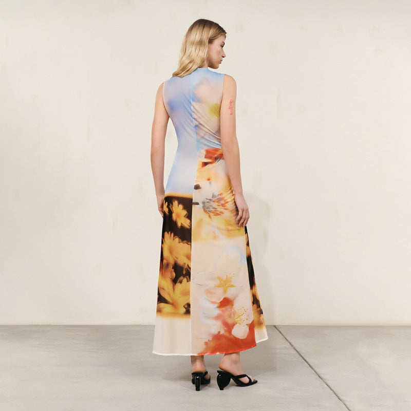 Abstract Print Ruched Drawstring Sleeveless Maxi Dress