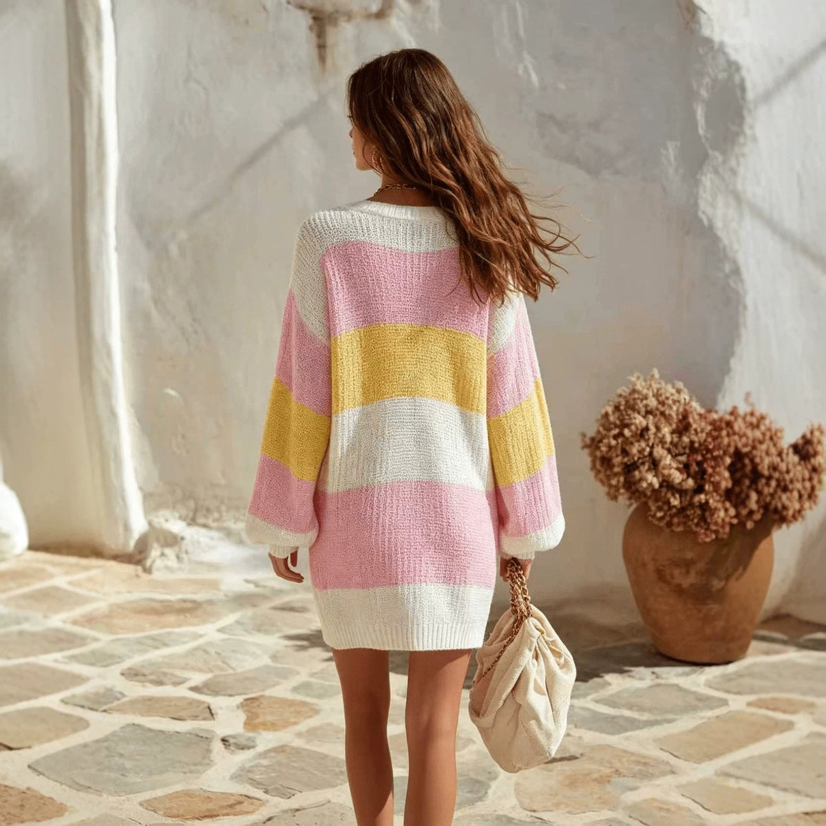 V-neck Long-sleeve Striped Dress