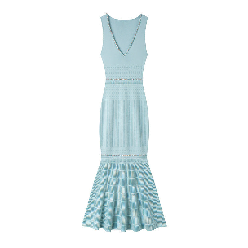 V-neck Sleeveless Beaded Mid-length Knitted Fishtail Dress
