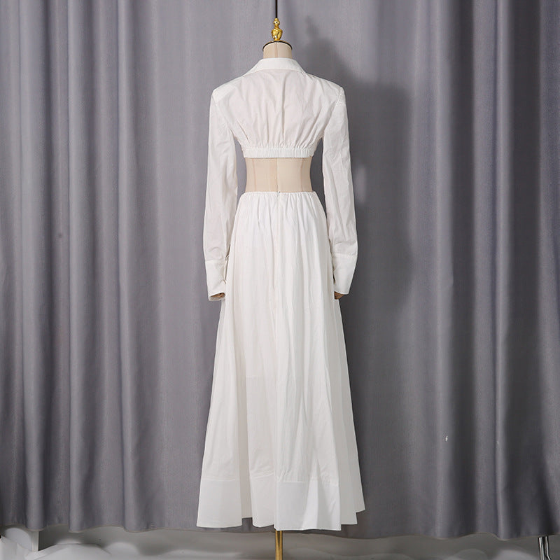 White Cutout Shirt Collar Two-Piece Set - Long Sleeve Crop Top & High-Waisted Maxi Skirt