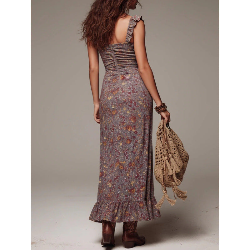 Floral Print Ruched Slit Maxi Dress
