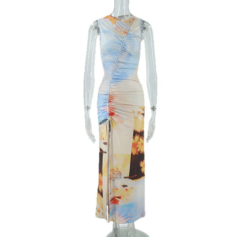 Abstract Print Ruched Drawstring Sleeveless Maxi Dress