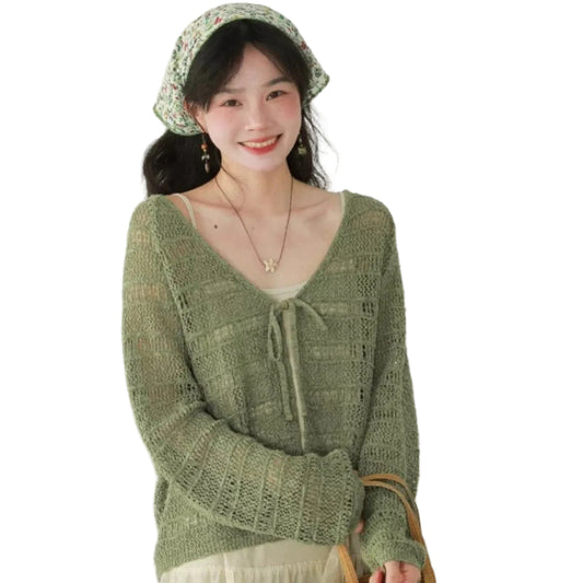 Hollow-out V-neck Lace-up Knit Cardigan For Women