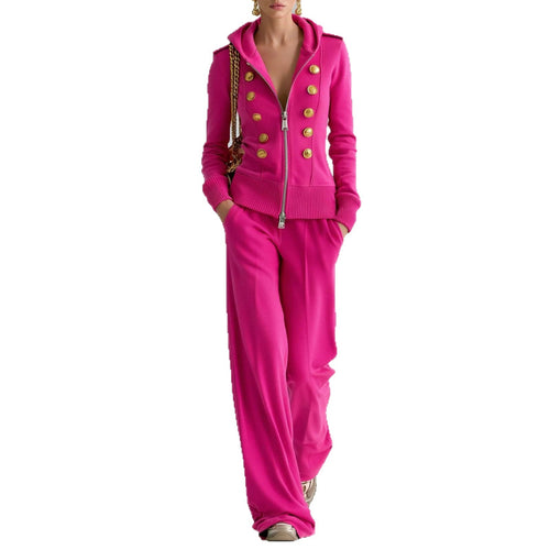 Double Breasted Hooded Zip Top & Wide Leg Pants Set