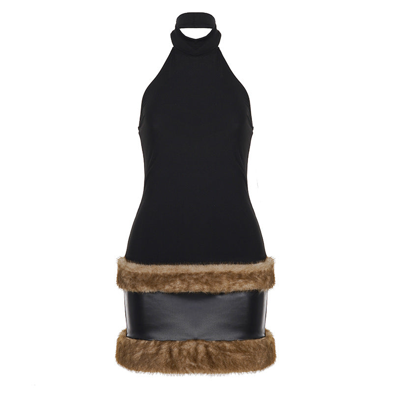Fluffy Patchwork Halter Dress, European American Style Sleeveless Off Shoulder Dress