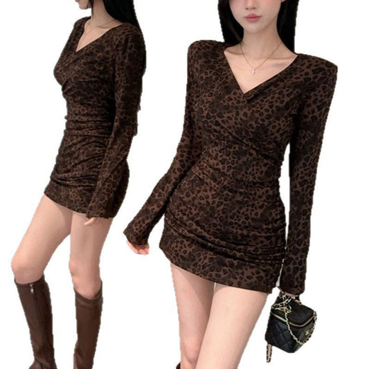 V-Neck Leopard-Print Long-Sleeve Dress