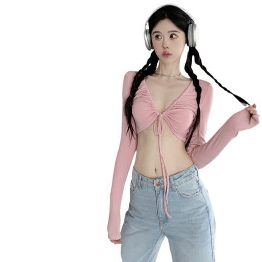Ruched Tie-Front Long Sleeve Crop Top