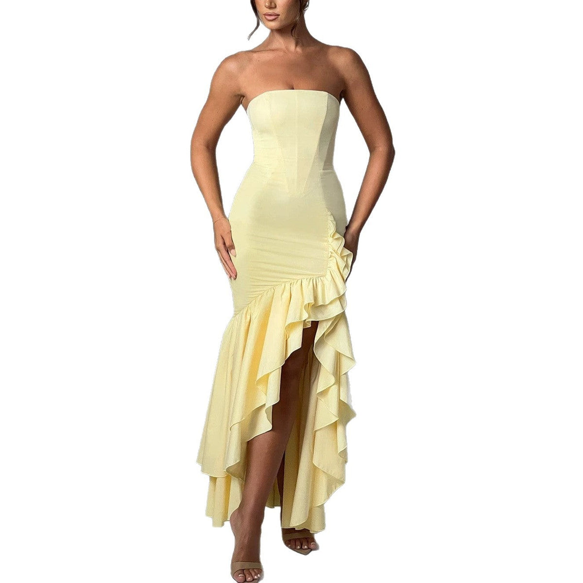 Strapless High-Low Ruffle Mermaid Evening Dress